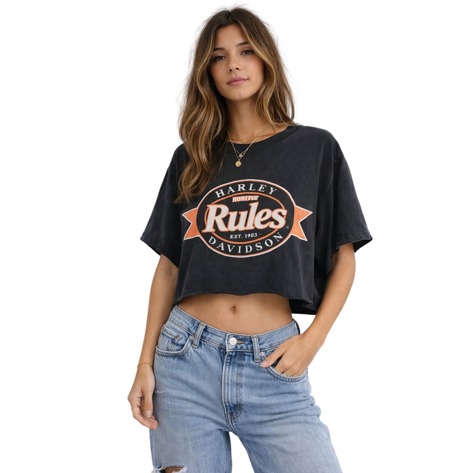 Harley Davidson Denver Freedom Eagle Cropped Tee Faded Black Grunge L